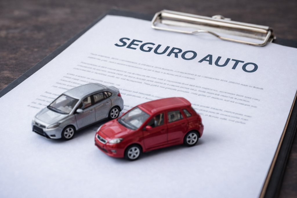documento de seguro de carro com miniaturas representando coberturas