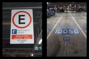 Sinalização de vaga de idoso com placa indicando cartão obrigatório