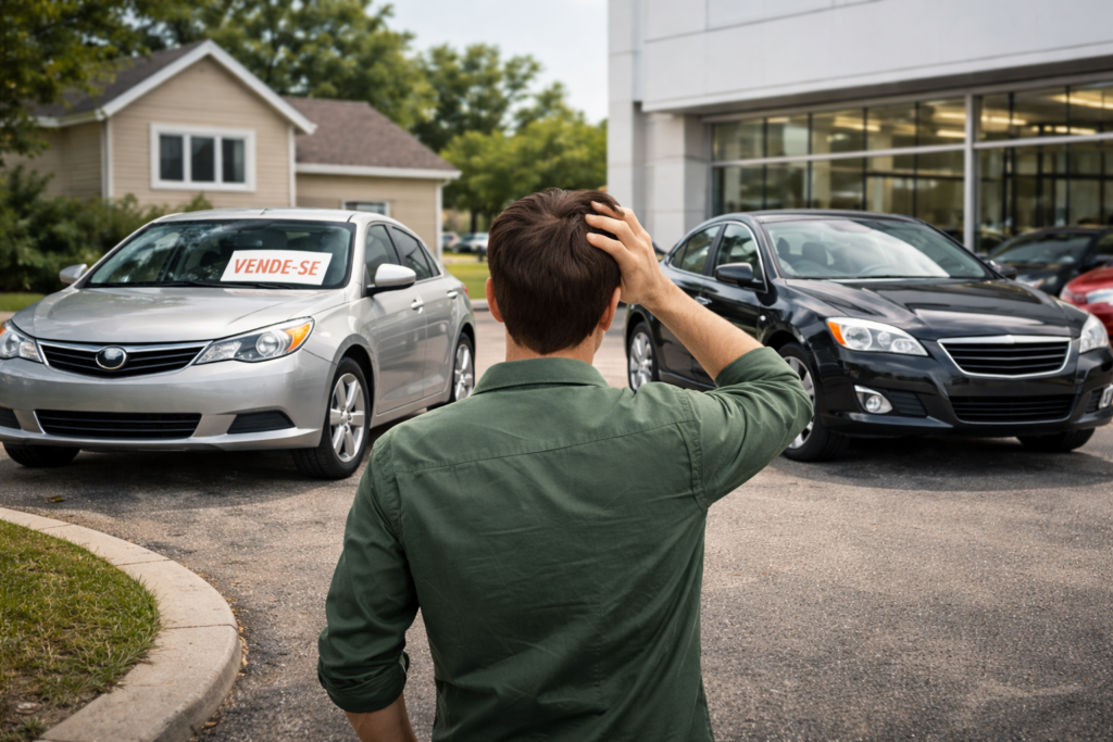 Comprador comparando carro usado de particular e carro em concessionária antes de decidir qual comprar