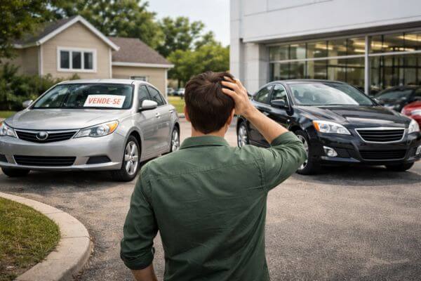 Comprador comparando carro usado de particular e carro em concessionária antes de decidir qual comprar