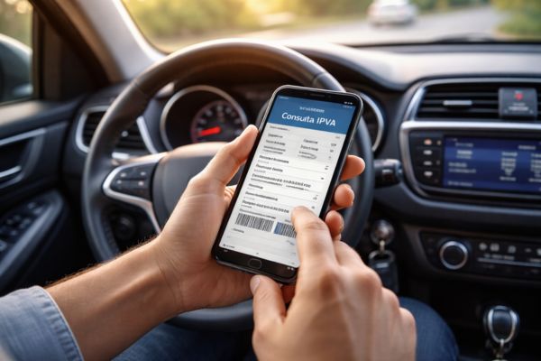 Pessoa dentro do carro consultando IPVA do veículo pelo celular