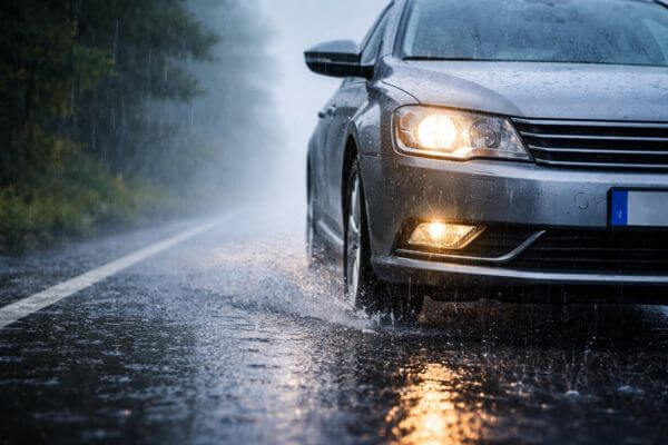 carro dirigindo na estrada molhada durante chuva com faróis acesos