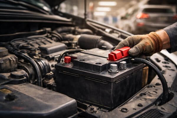 troca de bateria de carro no motor do veículo durante manutenção automotiva