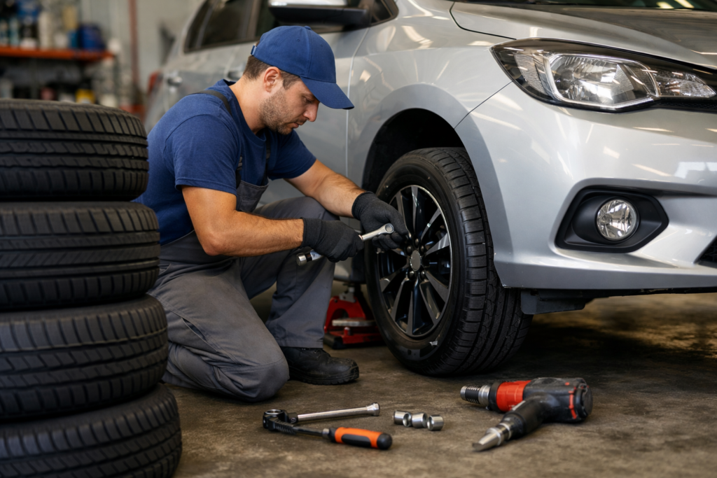 Mecânico trocando pneu de carro em oficina ilustrando quanto custa trocar pneus de carro no Brasil